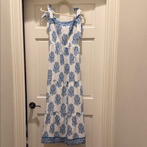 Source Unknown White and Blue Printed Tie-Shoulder Maxi Dress